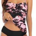 Shuangyu Women's Twist Front Bandeau Tankini Set Two Pieces Ruched Tummy Control Suimsuit with Mid Waist Briefs (Large, Powder Black Flowers)