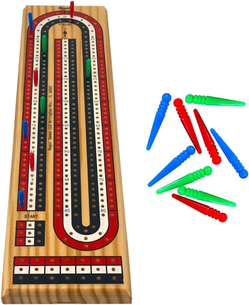 Regal Games Cribbage Board Game Set with Unique Wooden Cribbage Board (11" x 4.5" x 2.75") & 9 Multi-Colored Cribbage Pegs - Family Fun Game Night - Ideal for 2-4 Person