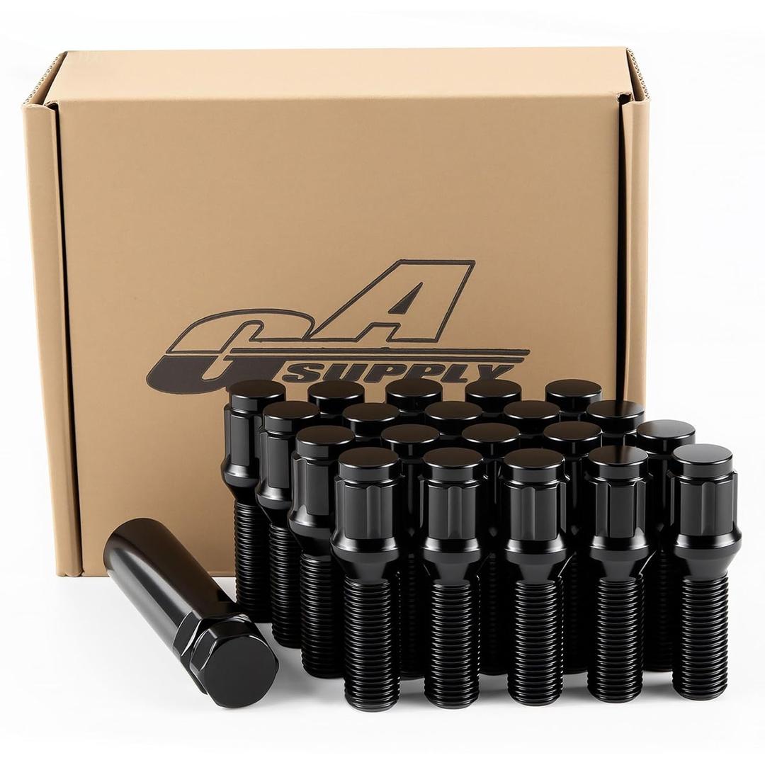 GAsupply M14x1.5 Lug Bolts 32mm Shank Fit for BMW x3 x5 Land Rover Range Rover, Black 14x1.5 Spline Lug Bolt Stock Stud Cone Seat Aftermarket Wheel (NOT OEM), 20pcs + 1pc Key