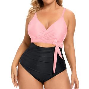 Daci Plus Size One Piece Swimsuit - Tummy Control Bathing Suit for Women Cutout Swimwear (Pink and Black)