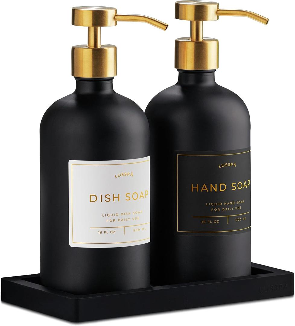 Glass Soap Dispenser Set of 2 (Black) with Silicone Tray | Hand and Dish Soap Dispenser for Kitchen and Bathroom | 16.8 Oz Glass Bottles with Stainless Steel Pump & 15 Waterproof Labels (Black/Gold)