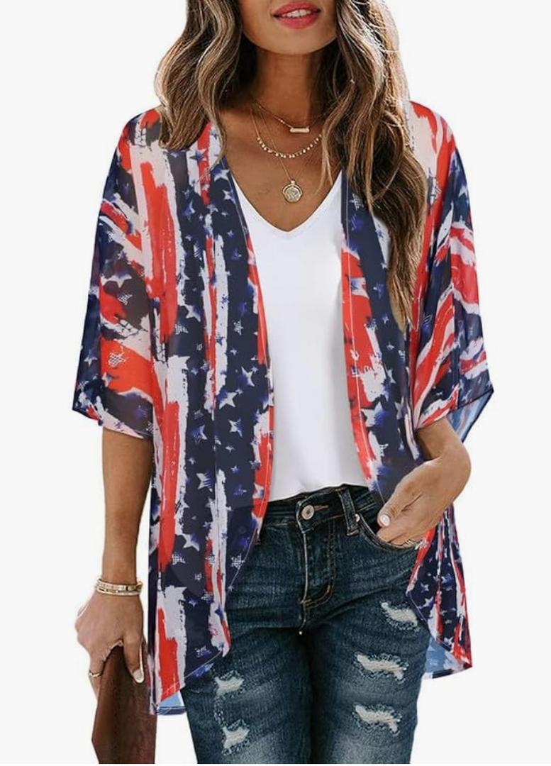 Women's Floral Kimono Puff Sleeve Cardigans Chiffon Casual Loose Open Front Cover Ups Tops, M