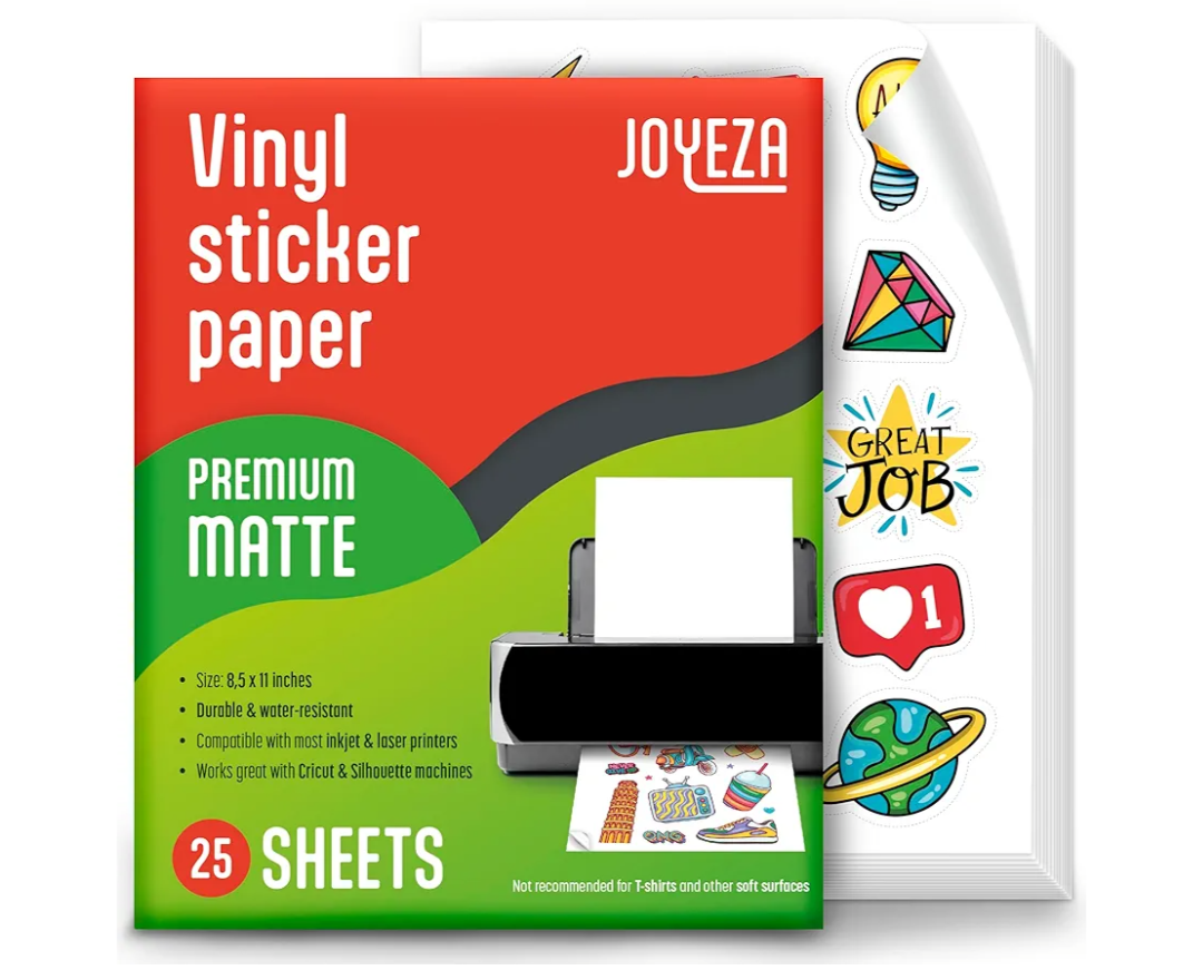 JOYEZA Premium Printable Vinyl Sticker Paper for Inkjet Printer - 25 Sheets Matte White Waterproof, Dries Quickly Vivid Colors, Holds Ink well- Tear Resistant - Inkjet & Laser Printer