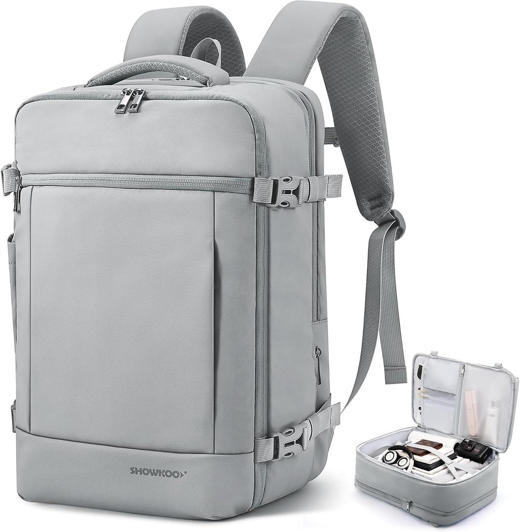 SHOWKOO Laptop Backpack for 17 Inch Laptop, 40L Expandable Large Capacity Backpack, TSA Carry On Travel Backpack with Padded Laptop Compartment, Water-Resistant College & Commuter Bag,Gray