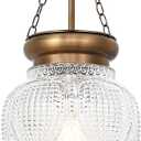 Vintage Brushed Gold Pendant Light with 7.9in Clear Heavy Thick Glass, Farmhouse Bronze Pendant Lights Kitchen Island, Vintage Looking Hall Pendant Light Fixture for Hallway, Bathroom, Bedroom