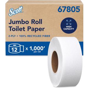 Scott Professional 100% Recycled Fiber High-Capacity Jumbo Roll Toilet Paper, Bulk (67805), 2-Ply, Septic Safe, White, Non-Perforated (12 Rolls at 1,000' Each, 12,000'/Case), 12 Count