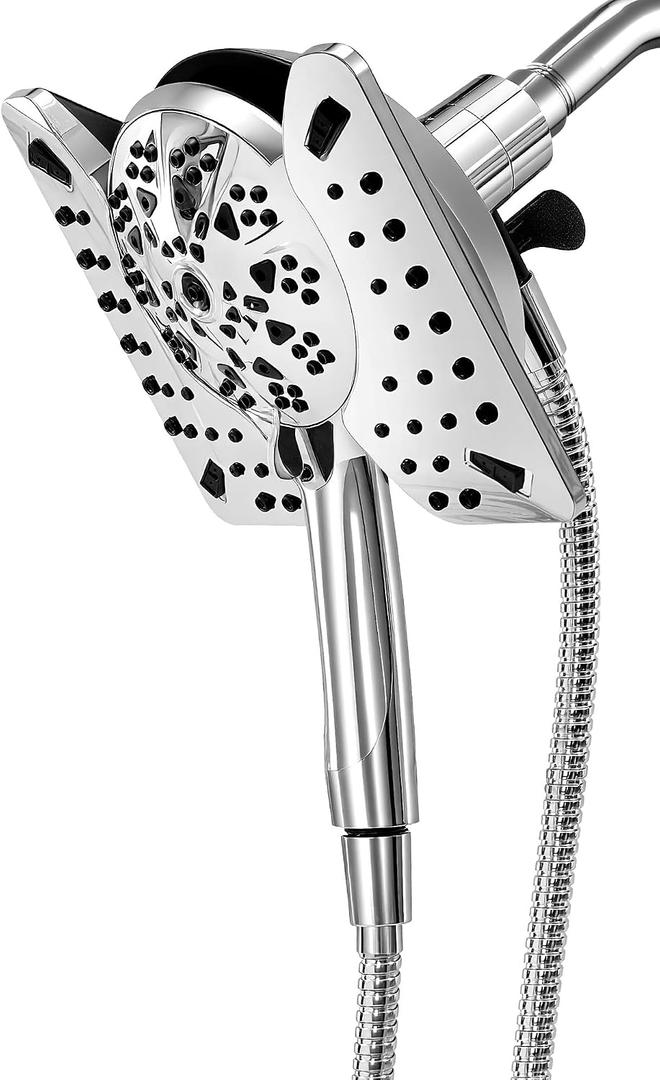 Shower Head with Handheld High Pressure, Rain Shower Head with Fixed Showerhead and 9 Sprays Handheld Shower, Detachable 2-IN-1 Shower head with 59" Rotatable Stainless Steel Hose (Brushed Chrome)
