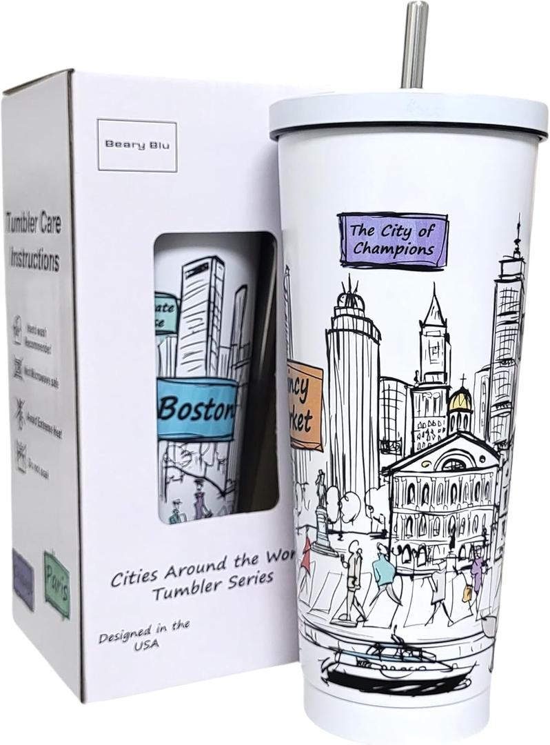 Cities Around the World 25 Oz Tumbler Series - Designed in the USA - Vacuum Insulated Tumbler with Lids & Straw - Stainless Steel Coffee Water Travel Mug, Cup for Hot Cold Drink (Boston)