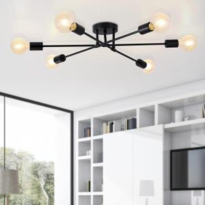 6-Light Sputnik Chandeliers, Black Modern Semi Flush Mount Ceiling Light with E26 Base, Mid Century Industrial Vintage Kitchen Farmhouse Light Fixtures for Dining Room Bedroom Living Room