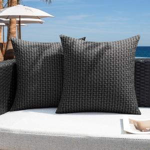 Kevin Textile Outdoor Waterproof Throw Pillow Covers Pack of 2 Farmhouse Decorative Cushion Covers for Garden Patio Tent Balcony Bench Couch Sofa 16x16 Inch, Black