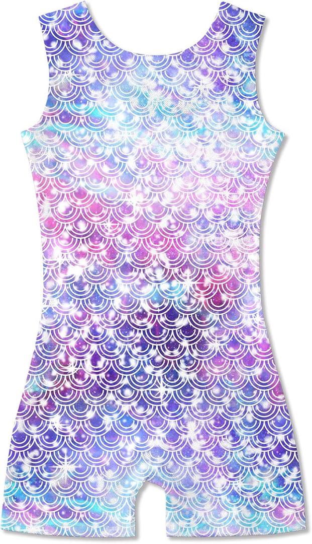 Funnycokid Girls Gymnastics Leotards with Shorts Sparkle Dance Unitards Mermaid Active Biketards 2-10 Years