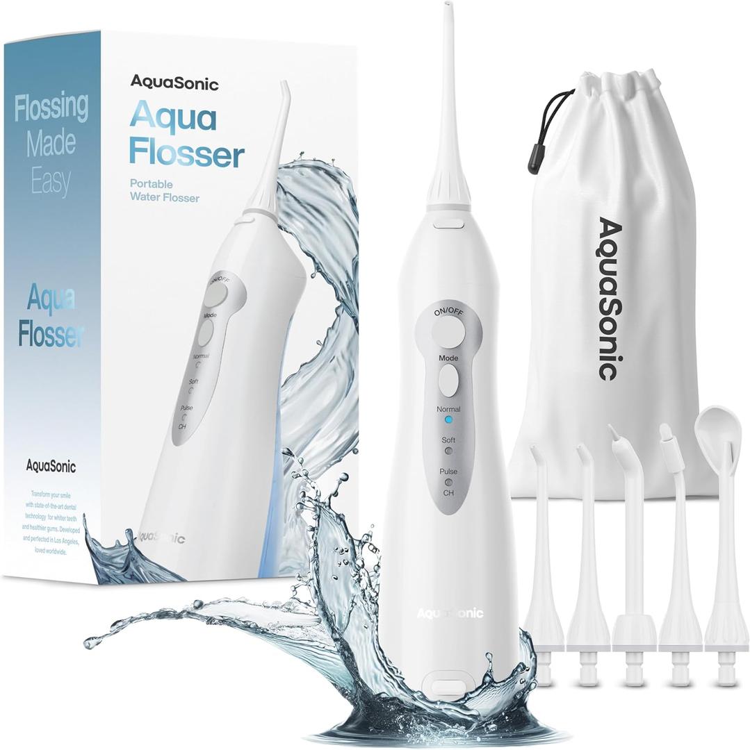 AquaSonic Water Flosser - Cordless Rechargeable Water Flossers for Teeth Cleaning - Waterproof Aqua Flosser, Portable Oral Irrigator for Dental Cleaning with 5 Jet Tips Braces Home Travel, White