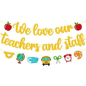 We Love Our Teachers and Staff Banner National Teacher Appreciation Week Decoration Thank You for Helping Us Grow Teachers Day Party Celebration Decor Supplies - Gold