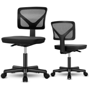 Armless Mesh Office Chair, Ergonomic Computer Desk Chair, No Armrest Small Mid Back Executive Task Chair with Lumbar Support and Swivel Rolling for Small Spaces, Black