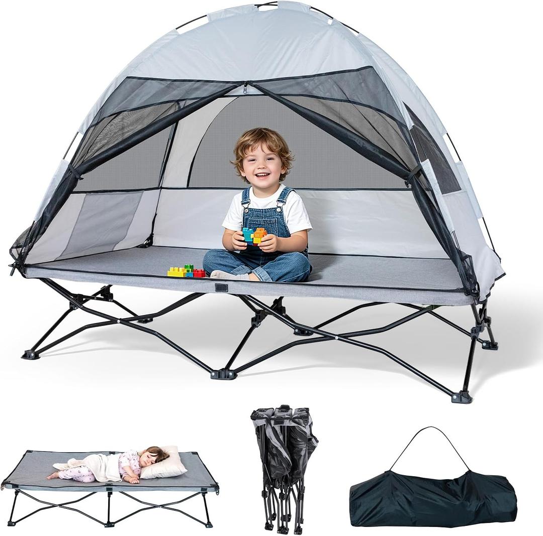 Toddler Travel Bed Cot with Tent: Portable Kids Camping Cots for Indoor and Outdoor - Sun & Mosquito Protection (Grey), Medium