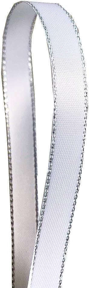 QIANF White Double Face Satin Ribbon with Silver Border for Gift Wrapping, Hair Bows, Wedding Party Decoration, Crafts Sewing, Invitation Cards, Floral Bouquets, Christmas, 3/8 Inch X 50Yd