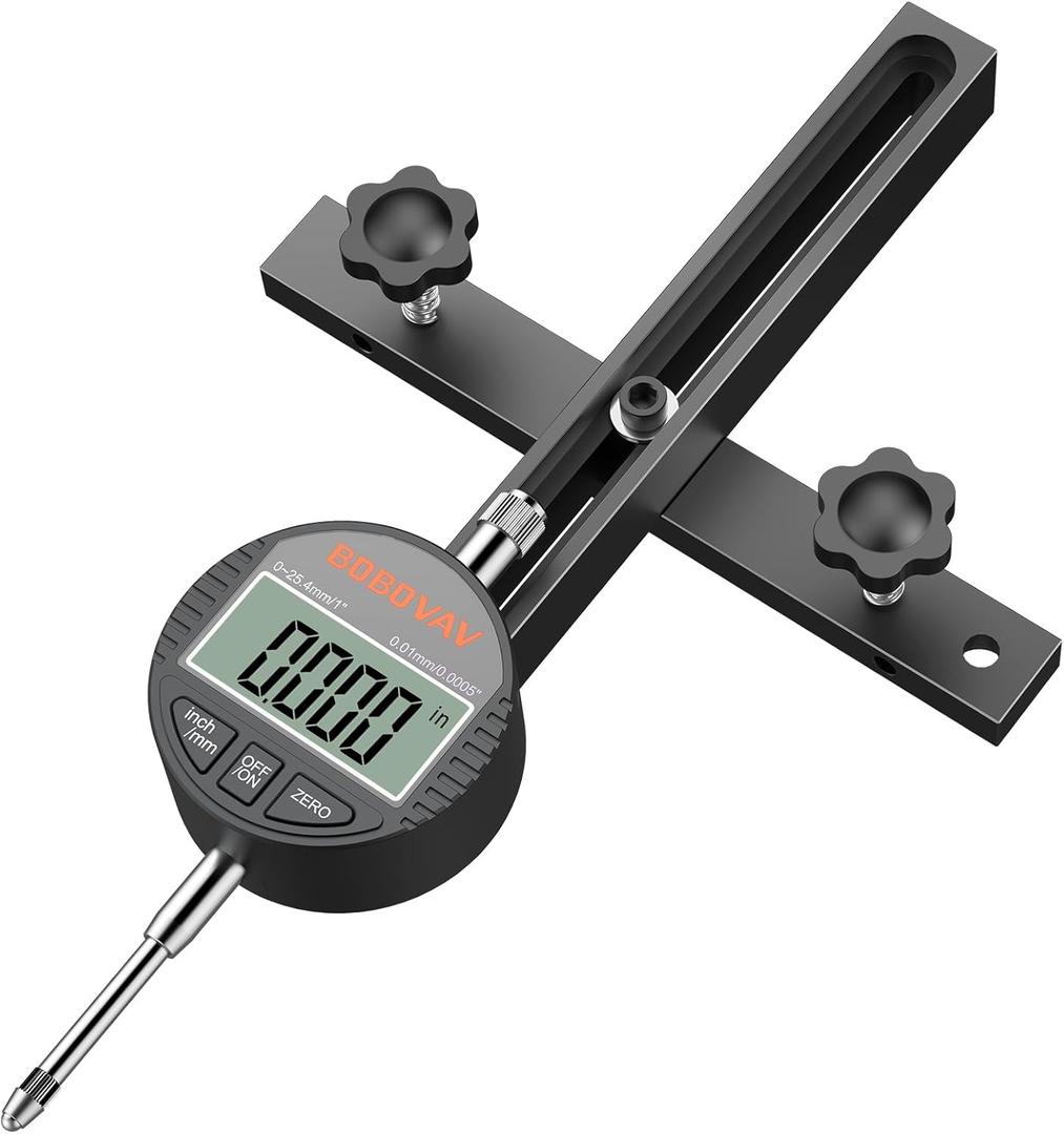 Table Saw Alignment Gauge with 0.0005"Digital Dial Indicator - 18cm Rod, Fits 3/4"(19mm)+ with Screw Adjustment, CNC Machined Aluminum Bar Stable for Saw Blade Alignment and Calibration