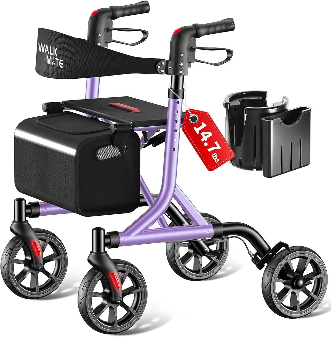 WALK MATE Rollator Walker for Seniors with Cup Holder, Upgraded Thumb Press Button for Height Adjustment, 8 Inch Wheels Walker with Seat Folding 14.7lb Lightweight Walking Aid, 300 lb Capacity, Purple