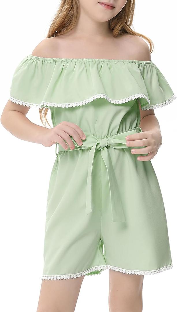 Girls Jumpsuit One Piece Ruffle Romper Kids Sleeveless Christmas Jumpsuit with Elastic Waist Bow Strap (3-4T, Light Green)