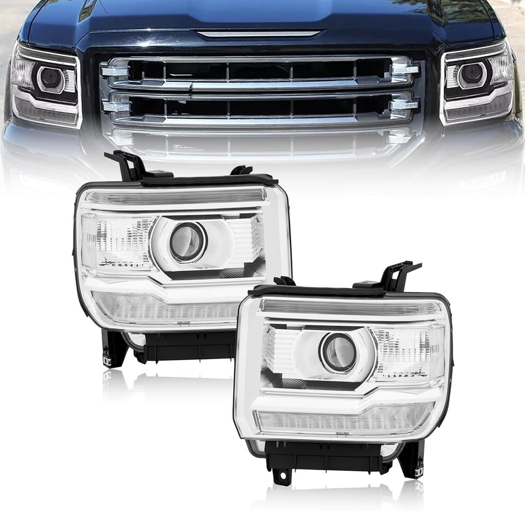 LED DRL Headlight Assembly Compatible with 2014-2018 GMC Sierra 1500, 2015-2019 GMC Sierra 2500HD 3500HD w/Bulbs & Wiring Harness, Replacement Pair Headlamp, Chrome Housing Clear Reflector