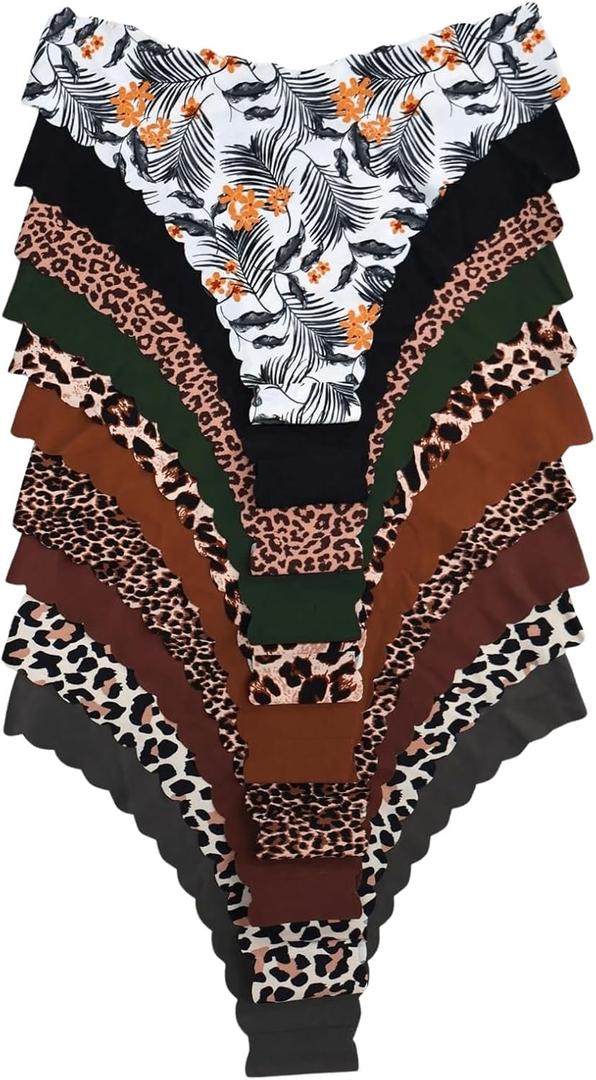 Women's 10 Pack Thongs Set Leopard Print Seamless Brief Floral Scallop Mid Rise No Show Panty Set (X-Large, Multicolor)