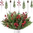 60 Pcs Christmas Artificial Pine Branches Red Berry Stems and Pine Cones, Fake Foliage Greenery Pine Needles Picks for DIY Craft Garland Wreath Xmas Embellishing Home Garden Decor