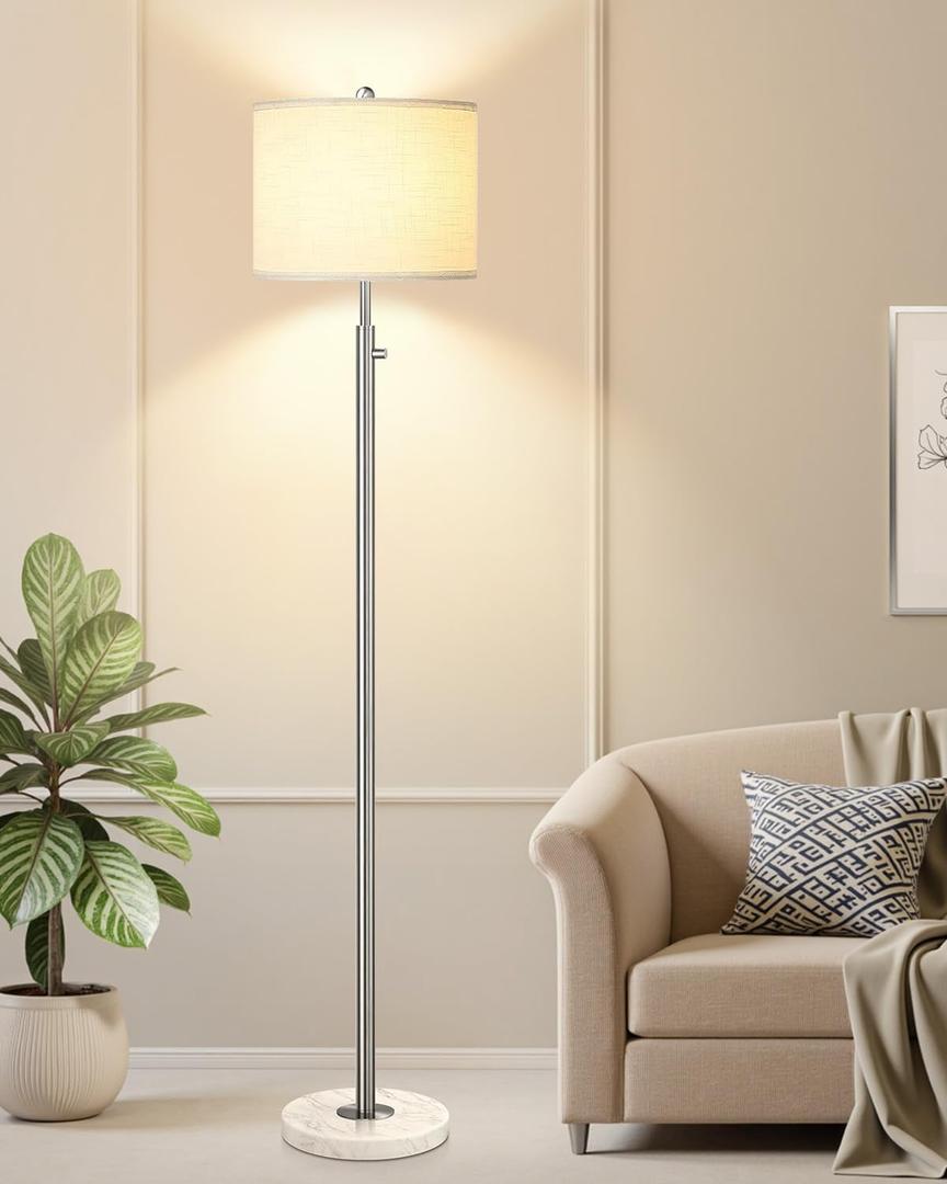 Upgraded Dimmable Floor Lamp for Living Room, 11W LED Bulb Included, Modern Standing Lamp with Marble Base, Tall Pole Light with Linen Shade for Bedroom Reading Office Corner Nursery-Brushed Nickel