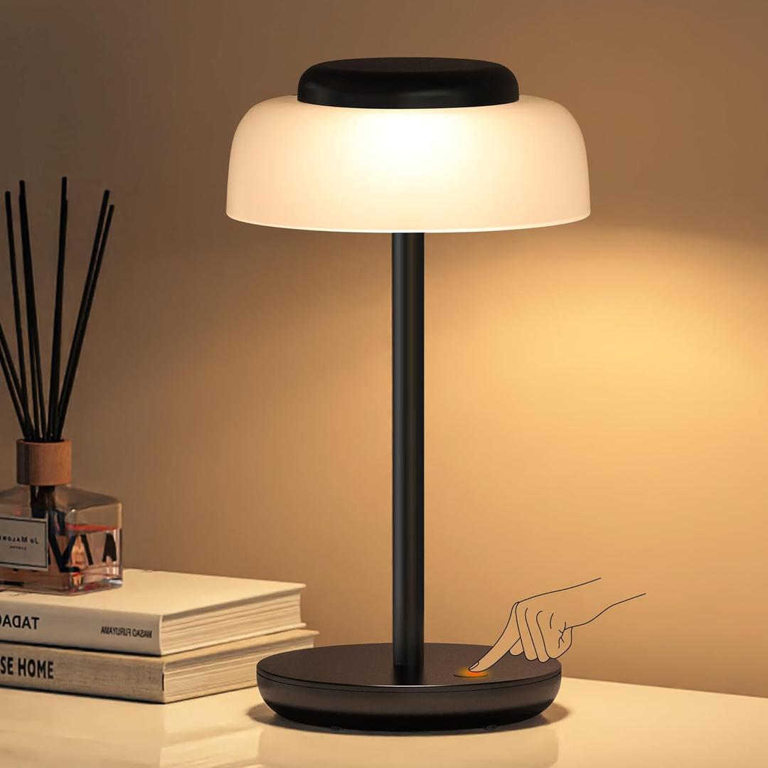 QiMH Battery Operated LED Table Lamp, 5000mAh Rechargeable Cordless Lamp, Stepless Dimmable Touch Control, Small Waterproof Desk Night Light for Living Room, Bedroom, Outdoor Bar (Black) (1 pack)