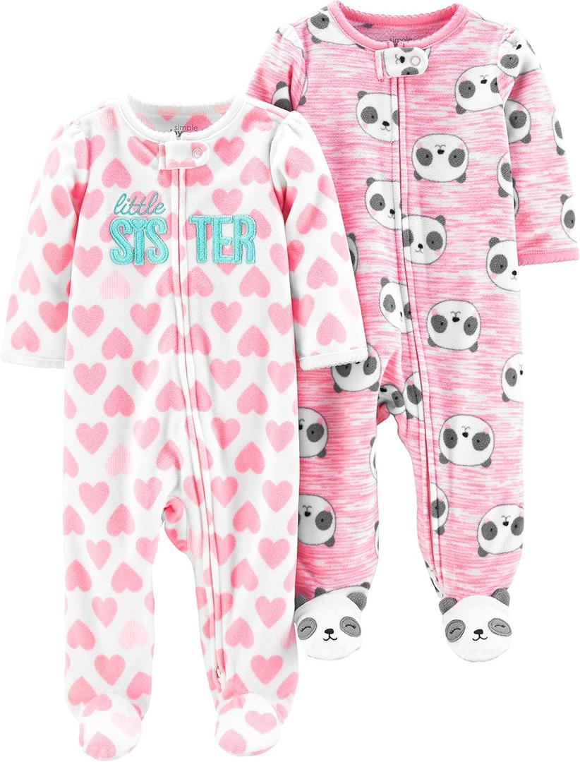 Simple Joys by Carter's Baby Girls' Fleece Footed Sleep and Play, Pack of 1, Pink Heather Panda/White Hearts, 0-3 Months