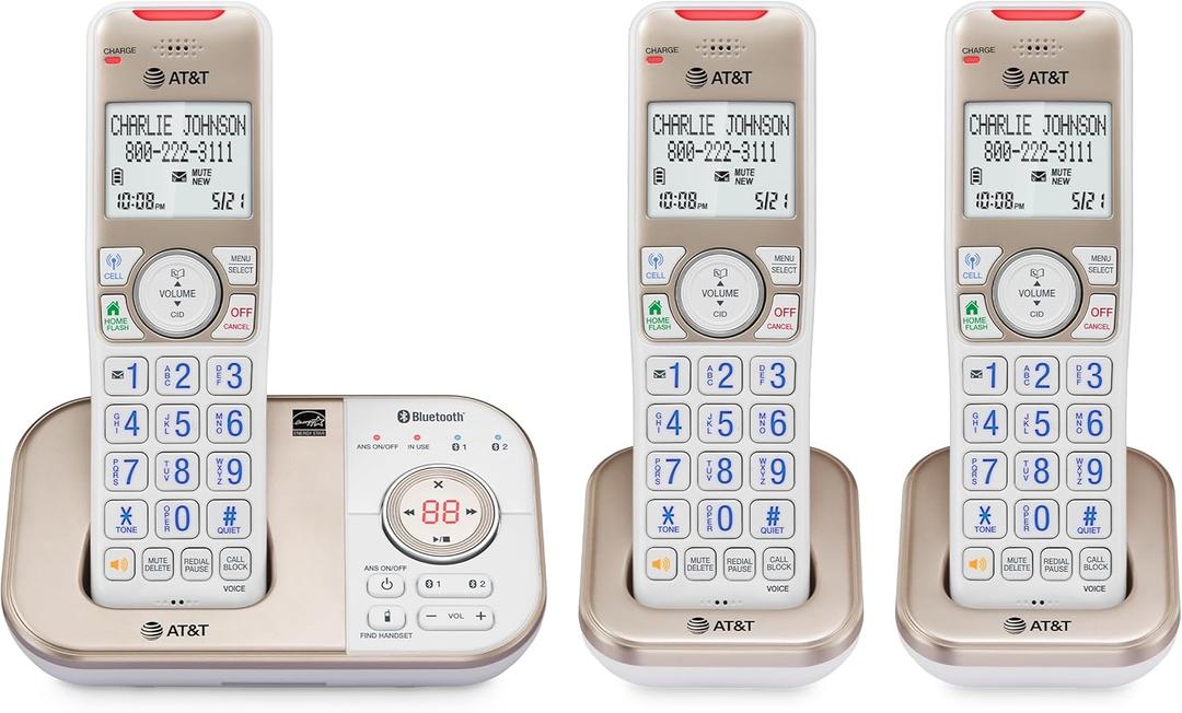 AT&T BL3112-3 3-Handset DECT 6.0 Cordless Phone for Home with Bluetooth Connect to Cell, Smart Call Blocker, Answering Machine, Caller ID, Expandable up to 5 Handsets, Champagne Gold/White