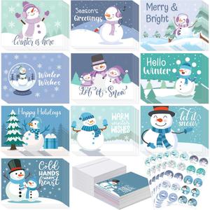 Yeaqee 100 Pack Winter Christmas Cards with Envelopes and Stickers Cute Snowman Greeting Cards Bulk for Christmas Winter Party Supplies Holiday Gifts