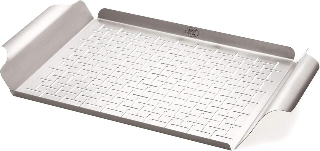 Weber Grill Pan Durable Stainless Steel Pan for Small or Delicate Foods, 1/8" Slits for Drainage, Wide Carry Handles