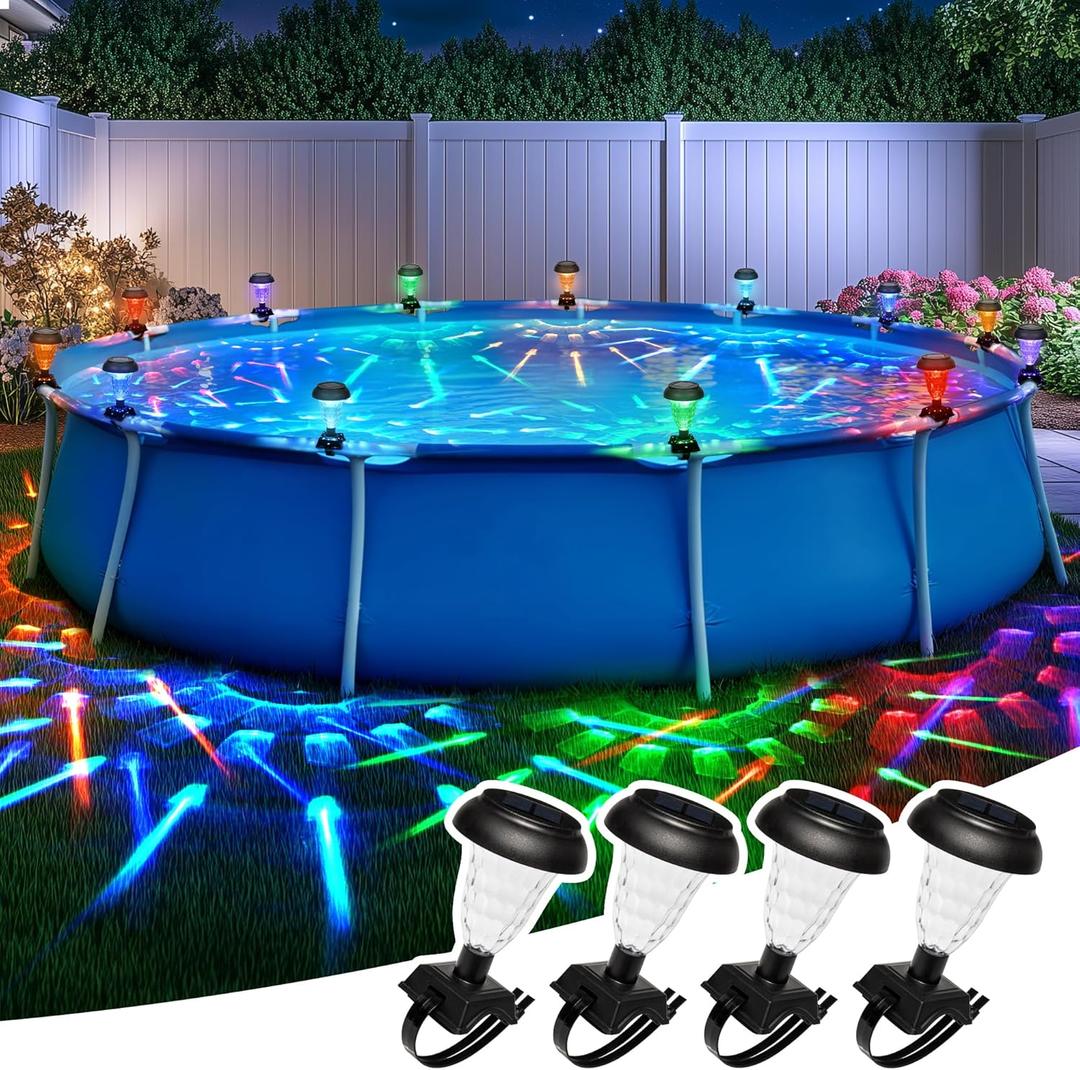 Solar Powered Pool Lights, Auto-ON/Off Floating Lights for Above Ground Framed Pools, Waterproof RGB Color Changing Light, Backyard Decor Accessories 4 Pack
