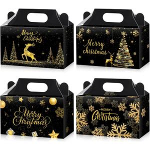 Cholemy 48 Pcs Christmas Candy Boxes Paper Gift Holders Black and Gold Christmas Treat Goodie Boxes with Handle for Gift Giving Holiday Xmas Theme Party Favors Supplies