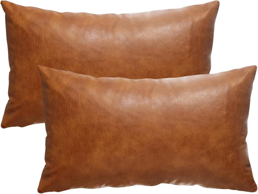 12X20 Inch Brown Faux Leather Throw Pillow Covers Set of 2 Modern Farmhouse Solid Outdoor Lumbar Boho Cognac Pillow Covers for Room Couch Living Bedroom Bed Sofa Decorative