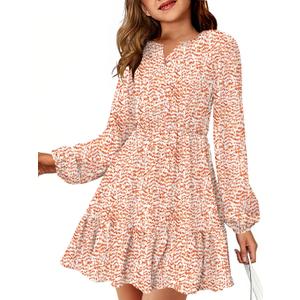 HOSIKA Girls Fall Floral Dress Long Sleeve V Neck Elastic Waist Pleated Holiday Party Midi Dresses for 6-12 Years