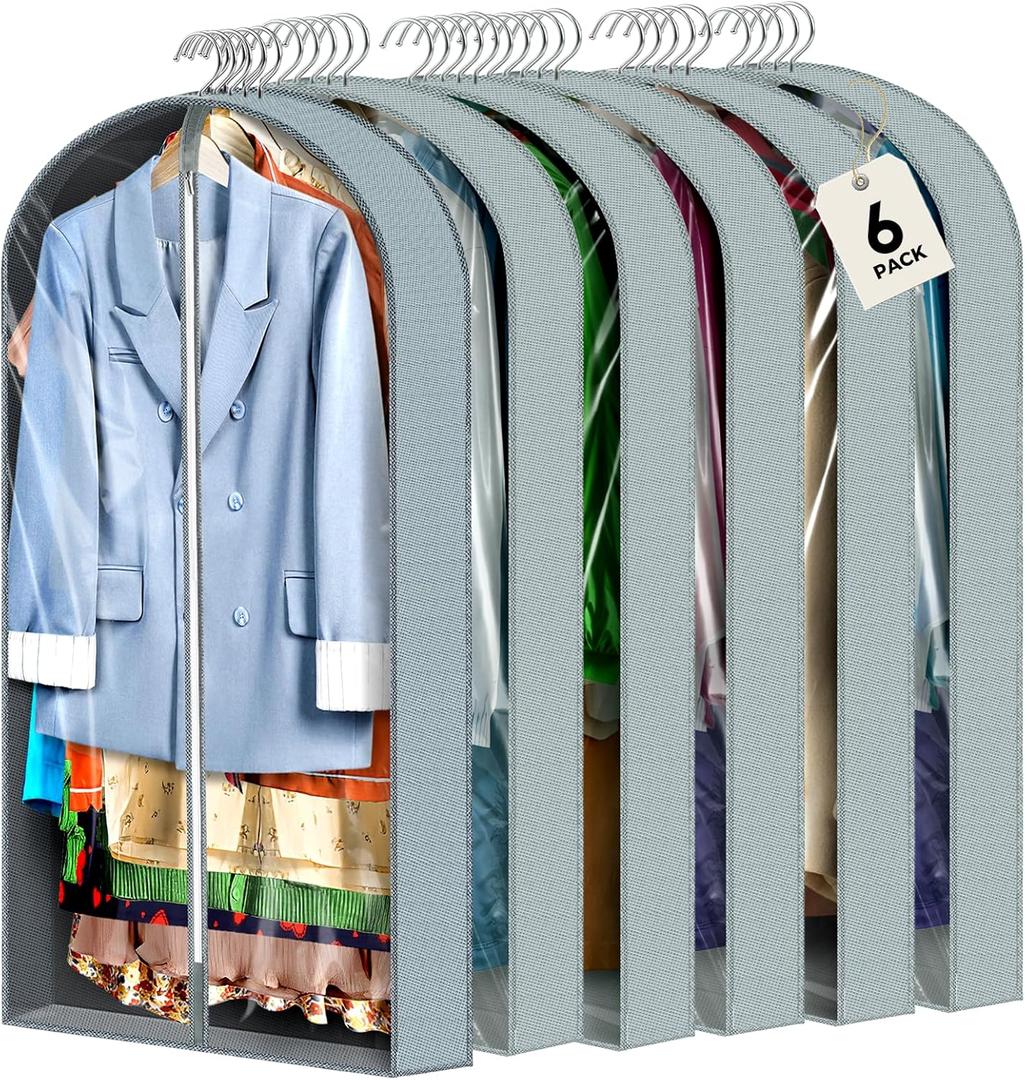 6 pcs 40" Garment Bags for Hanging Clothes, Clear Suit Bags for Closet Storage Clothing Storage, Garment Bags for Travel Covers with 4" Gussets for Coats, Jackets, Shirts and Sweater