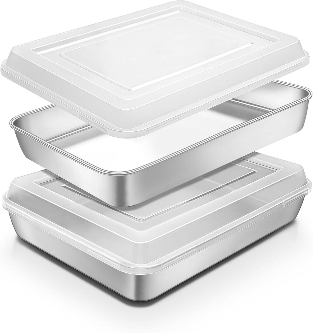 Stainless Steel Baking Pan with Lid, 12 x 9 x 2 Inch Deep Rectangle Cake Pans with Cover for Cakes, Brownies, Cookies, Deep Side & Heavy Duty,Dishwasher & fridge & Oven Safe(2 Pans + 2 Lids)