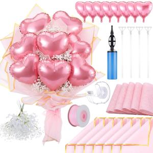 Qeeenar DIY Heart Balloon Bouquet Kit, 8Pcs Foil Heart Balloons with Baby's Breath Flowers, Wrapping Paper & Ribbon, Balloon Flower Bouquet Making Kit for Birthday Anniversary(Pink)
