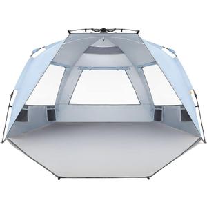 Easthills Outdoors Instant Shader Enhanced Deluxe XL Beach Tent Easy Setup 4-6 Person Popup Sun Shelter 99" Wide for Family UPF 50+ Double Silver Coating with Extended Zippered Porch Sky Blue
