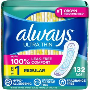 Always Ultra Thin Feminine Pads Without Wings for Women, Size 1, Regular Absorbency, Unscented, Up to 100% Leak-Free Protection, 44 Count x 3, 132 Count Total