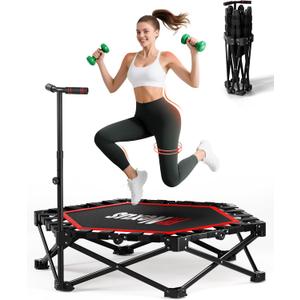 42" Foldable Mini Trampoline- 450lb Capacity Fitness Rebounder w/3-Level Adjustable T-Bar, Adults Workout Trampoline, Non-Slip Pad | Foldable Design for Home/Gym (Black and Red)