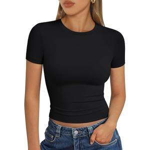 Trendy Queen Womens Basic T Shirts Summer Tops 2025 Short Sleeve Crop Tops Slim Fit Gym Workout Y2k Clothes, Medium