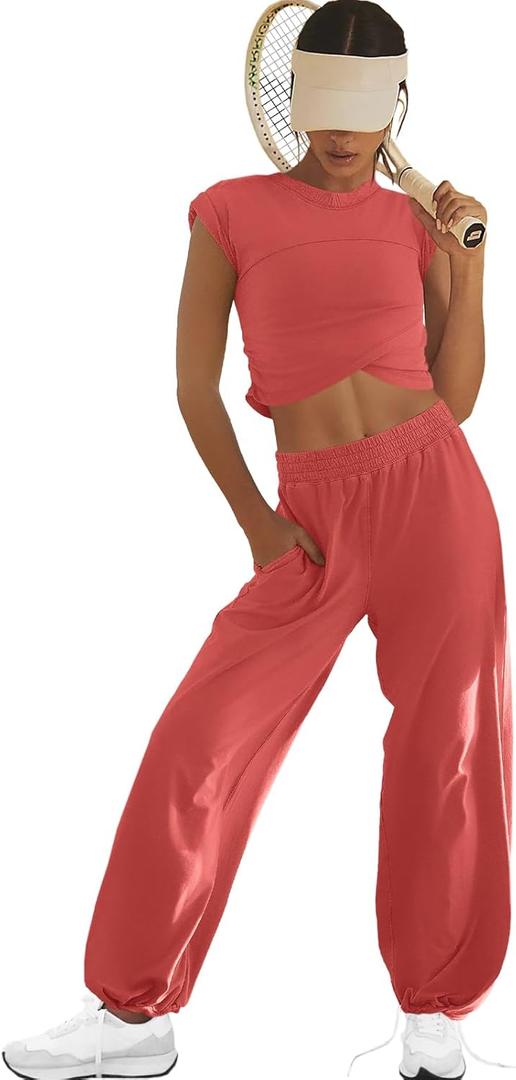LAMISSCHE Womens Loungewear Set 2 Piece Outfits Sets Cropped Tops and Wide Leg Pants with Pockets Tracksuit (Medium, Orange)