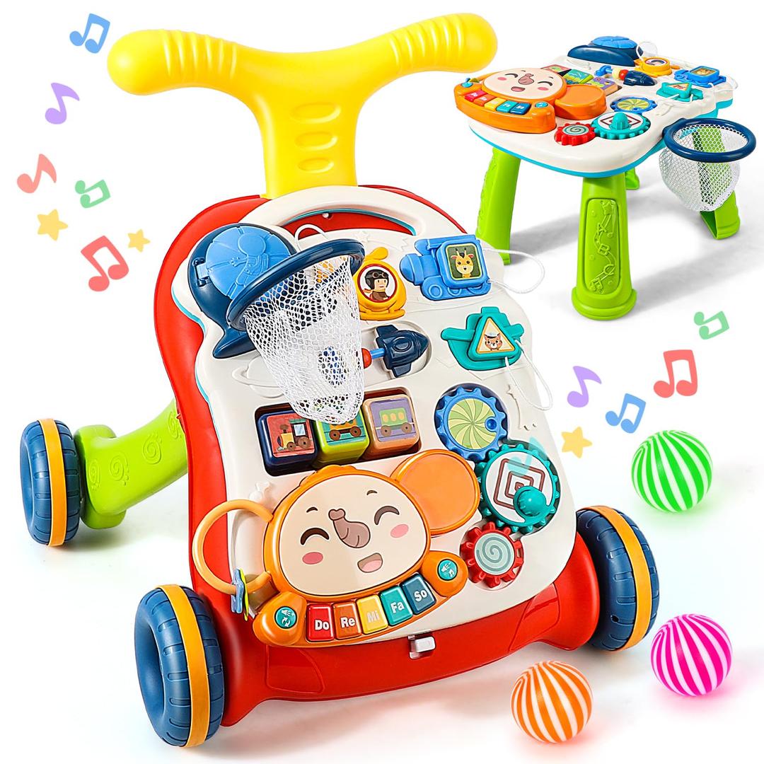 TOY Life 3 in 1 Baby Push Walker and Activity Center, Sit to Stand Walker for Babies 6-12 Months, Baby Walking Toys with Music Panel for Girls Boys, Toddlers Push Toys Gifts for Learning to Walk Red
