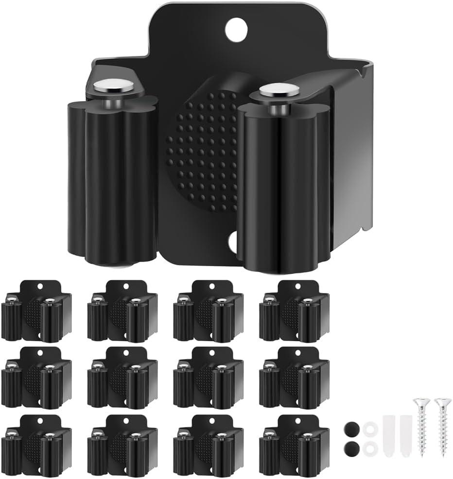 Broom Holder Wall Mount, 12PCS Broom Hanger Wall Mount, Stainless Steel Heavy Duty Mop Holder Broom Mop Hanger Wall with Screws, Garden Outdoor Tool Organizer Rack Broom Hanger (Black) (12pack)
