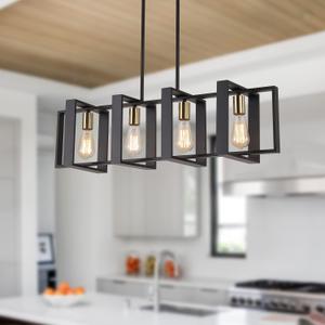 35.4" Kitchen Island Lighting Fixture, Dining Room 4 Lights Chandeliers, Black Wood+Metal Pendant Light for Foyer Hallway Living Room, Black