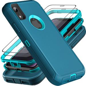 for iPhone XR Case, Military Grade 3 in 1 Heavy Duty Shockproof/Drop Proof/Dust Proof Case with 2Pcs Tempered Glass Screen Protector (Blue/Turquoise)