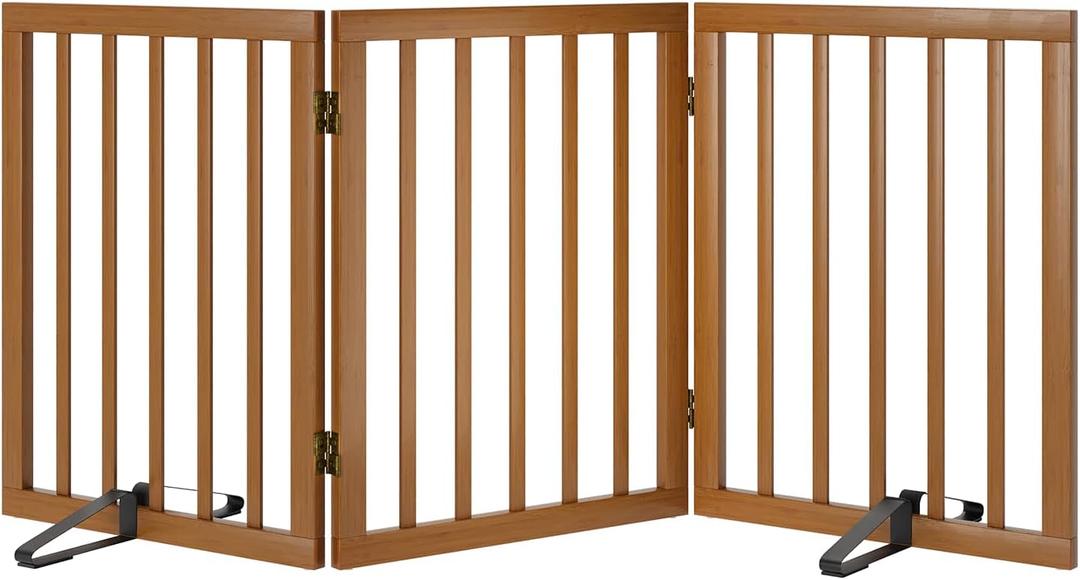 Freestanding Pet Gate Foldable Dog Gate (55 inches Wide) Walnut Bamboo Dog Gates for Stairs Doorways House (2 Support Feet Included) (3 Panel - 55 inches Wide)