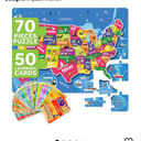 QUOKKA United States Puzzles for Kids Ages 4-6 - 70 Pcs Floor Puzzles for Kids Ages 6-8 Preschool Activities - Includes 50 Cards with 400+ USA Facts- State-Shaped Jigsaw Puzzle Gift for Girls Boys